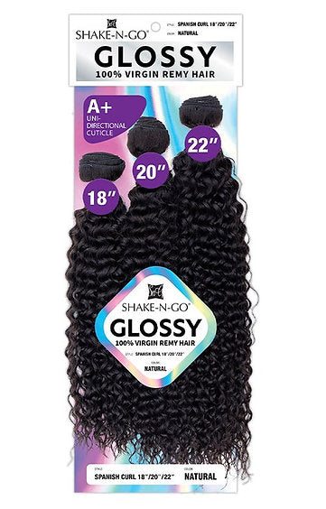 SHAKE N GO GLOSSY BUNDLES 100% VIRGIN REMY HAIR SPANISH CURL -18,20,22-Natural Black SHAKE N GO GLOSSY BUNDLES 100% VIRGIN REMY HAIR SPANISH CURL -18,20,22-Natural Black