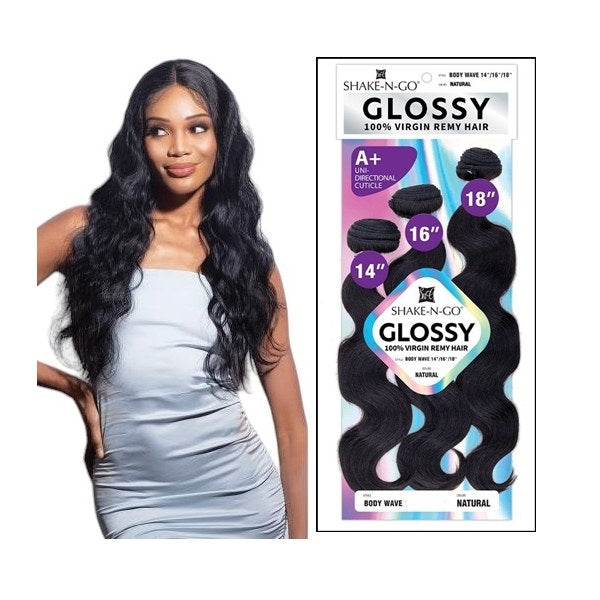 SHAKE N GO GLOSSY BUNDLES 100% VIRGIN REMY HAIR BODYWAVE- 18-20-22 - # NATURAL BLACK SHAKE N GO GLOSSY BUNDLES 100% VIRGIN REMY HAIR BODYWAVE- 18-20-22 - # NATURAL BLACK