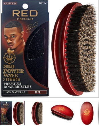 Red Premium 360 Power Wave X Bow Wow Premium 100% Boar Bristles Curved Palm Brush - Soft #BR17